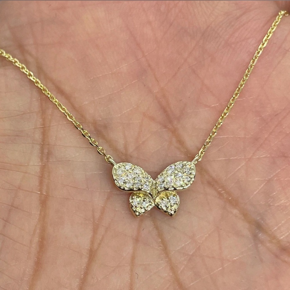 Dainty Butterfly Diamond Pendant,Necklace 14K Yellow Gold